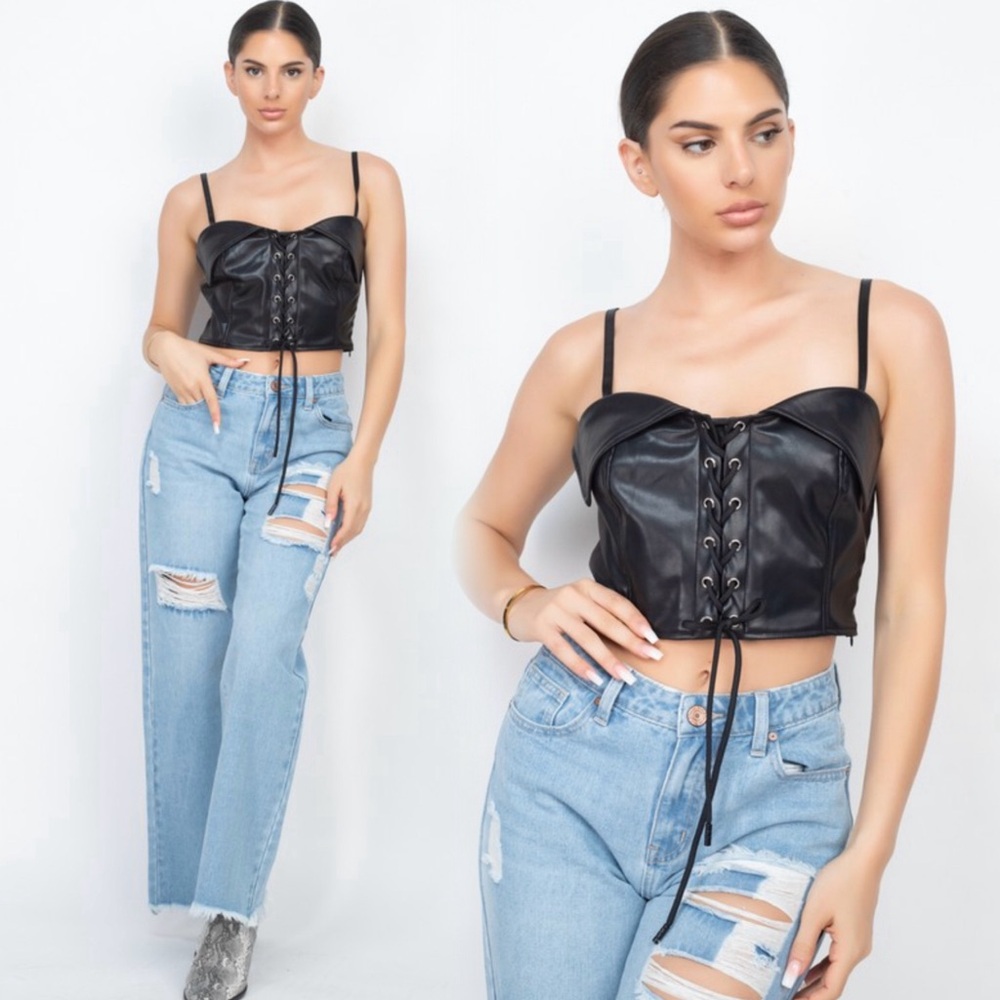 Faux leather lace up crop top
